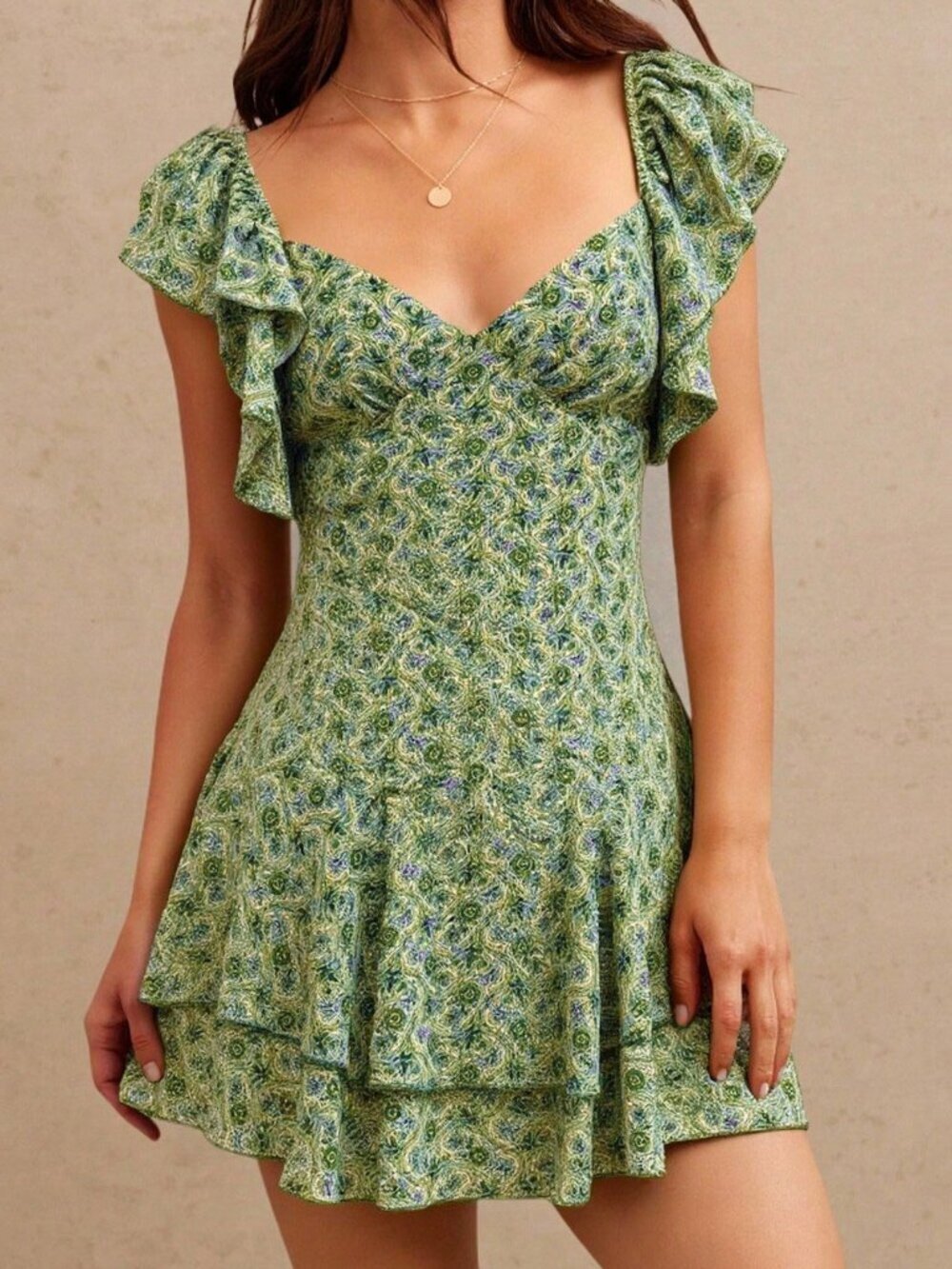 Green Boho Women's Paisley Print Ruffle V-Neck Tiered Fit-Flare Mini Dress